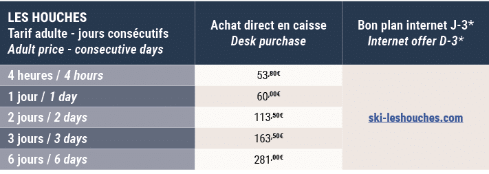 LES HOUCHES Tarif adulte jours cons cutifs Adult price consecutive days,Achat direct en caisse Desk purchase,Bon plan...