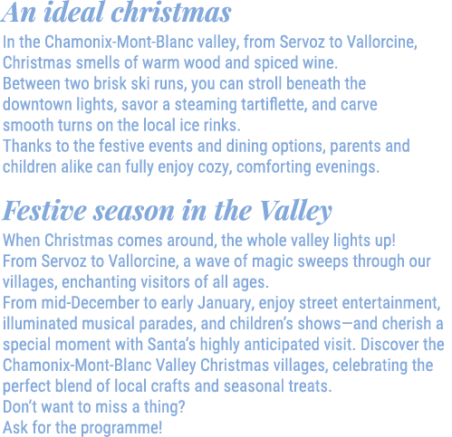 An ideal christmas In the Chamonix Mont Blanc valley, from Servoz to Vallorcine, Christmas smells of warm wood and sp...