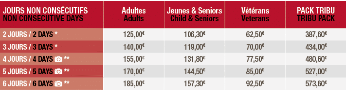 JOURS NON CONS CUTIFS NON CONSECUTIVE DAYS,Adultes Adults,Jeunes & Seniors Child & Seniors,V t rans Veterans,PACK TRI...