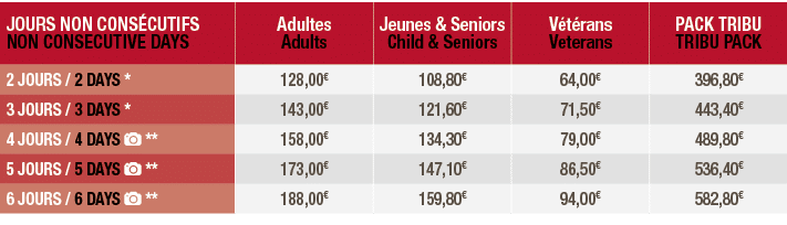 JOURS NON CONS CUTIFS NON CONSECUTIVE DAYS,Adultes Adults,Jeunes & Seniors Child & Seniors,V t rans Veterans,PACK TRI...