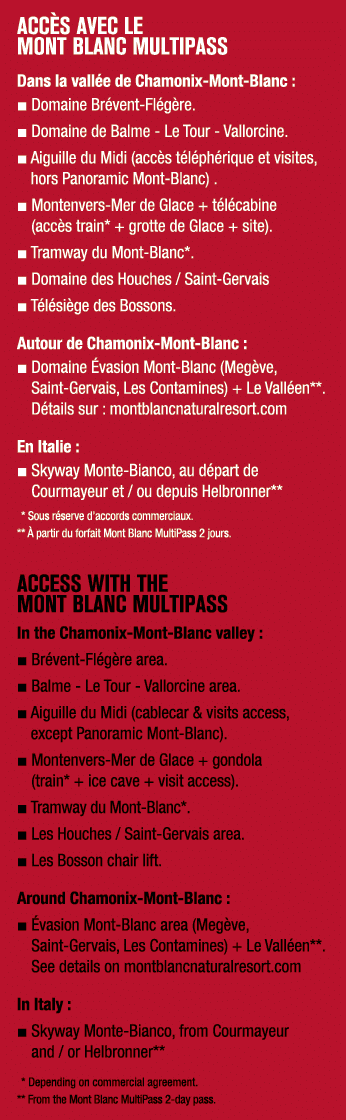 ACC S avec le MONT BLANC MultiPass Dans la vall e de Chamonix Mont Blanc : ■ Domaine Br vent Fl g re. ■ Domaine de Ba...