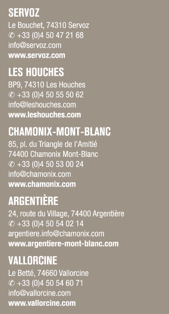 Servoz Le Bouchet, 74310 Servoz ✆ +33 (0)4 50 47 21 68 info@servoz.com www.servoz.com Les Houches BP9, 74310 Les Houc...