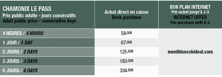 CHAMONIX LE PASS Prix public adulte jours cons cutifs Adult public price consecutive days,Achat direct en caisse Desk...