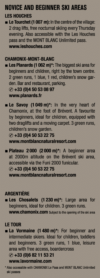 NOVICE AND BEGINNER SKI AREAS Les Houches ■ Le Tourchet (1 007 m): In the centre of the village: 2 drag lifts, free n...