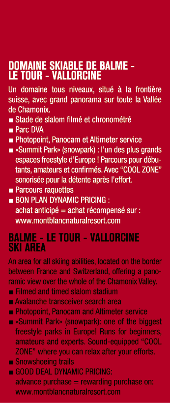 DOMAINE SKIABLE DE BALME LE TOUR VALLORCINE Un domaine tous niveaux, situ   la fronti re suisse, avec grand panorama...