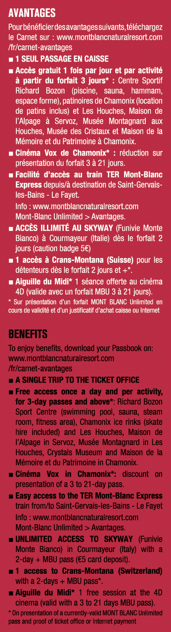 AVANTAGES Pour b n ficier des avantages suivants, t l chargez le Carnet sur : www.montblancnaturalresort.com /fr/carn...