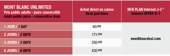 MONT BLANC UNLIMITED Prix public adulte jours cons cutifs Adult public price consecutive days,Achat direct en caisse ...
