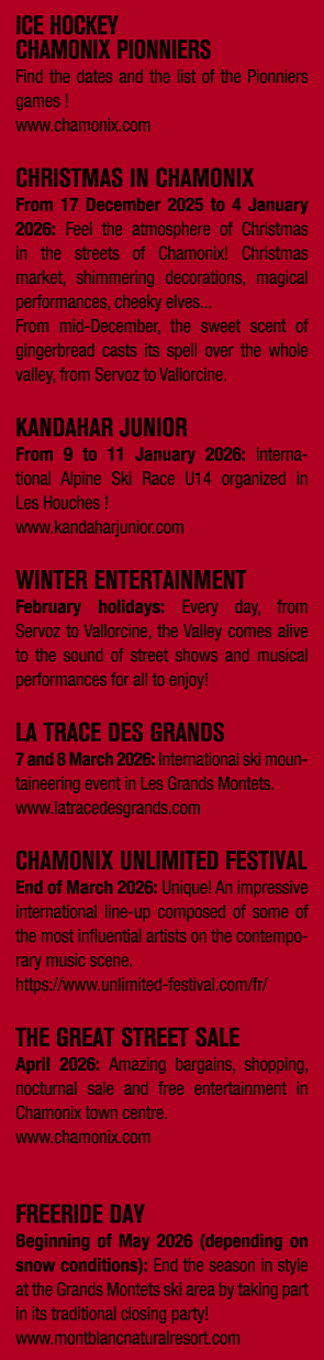 ICE HOCKEY CHAMONIX PIONNIERS Find the dates and the list of the Pionniers games ! www.chamonix.com CHRISTMAS IN CHAM...