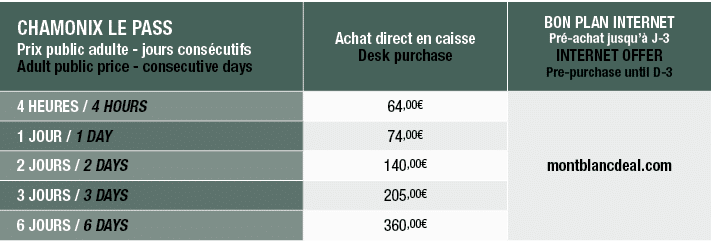 CHAMONIX LE PASS Prix public adulte jours cons cutifs Adult public price consecutive days,Achat direct en caisse Desk...
