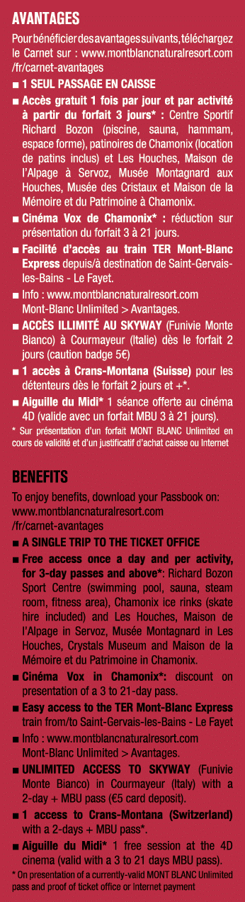 AVANTAGES Pour b n ficier des avantages suivants, t l chargez le Carnet sur : www.montblancnaturalresort.com /fr/carn...