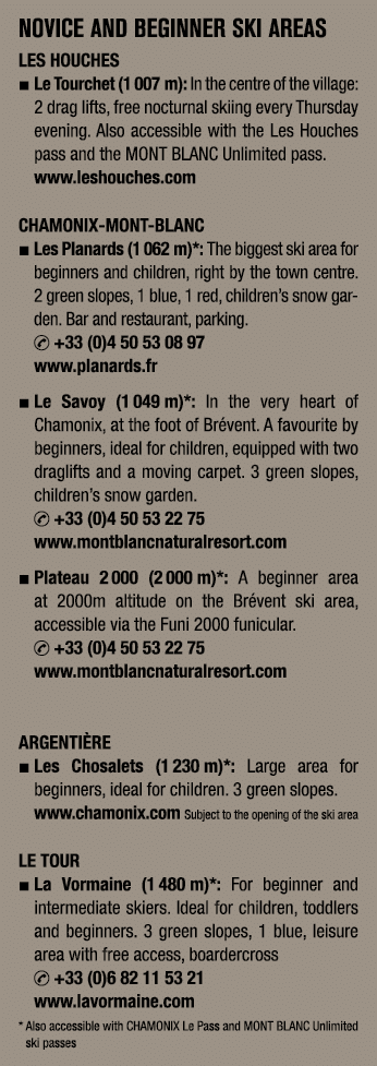 NOVICE AND BEGINNER SKI AREAS Les Houches ■ Le Tourchet (1 007 m): In the centre of the village: 2 drag lifts, free n...